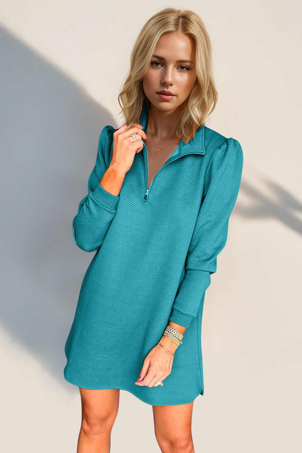 Double Take Textured Quarter Zip Long Sleeve Dress - Classique Collection