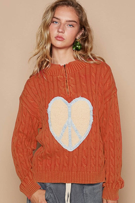 POL Cable-Knit Peace Patch Dropped Shoulder Sweater - Classique Collection