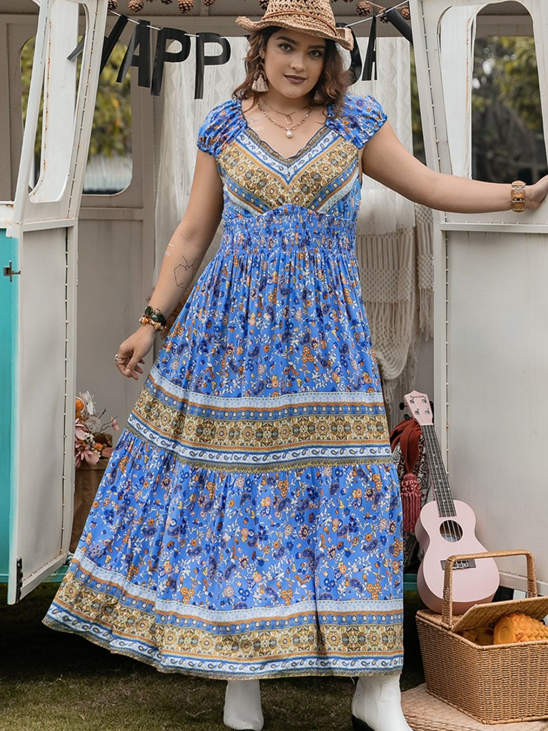 Plus Size Smocked Printed Cap Sleeve Dress - Classique Collection