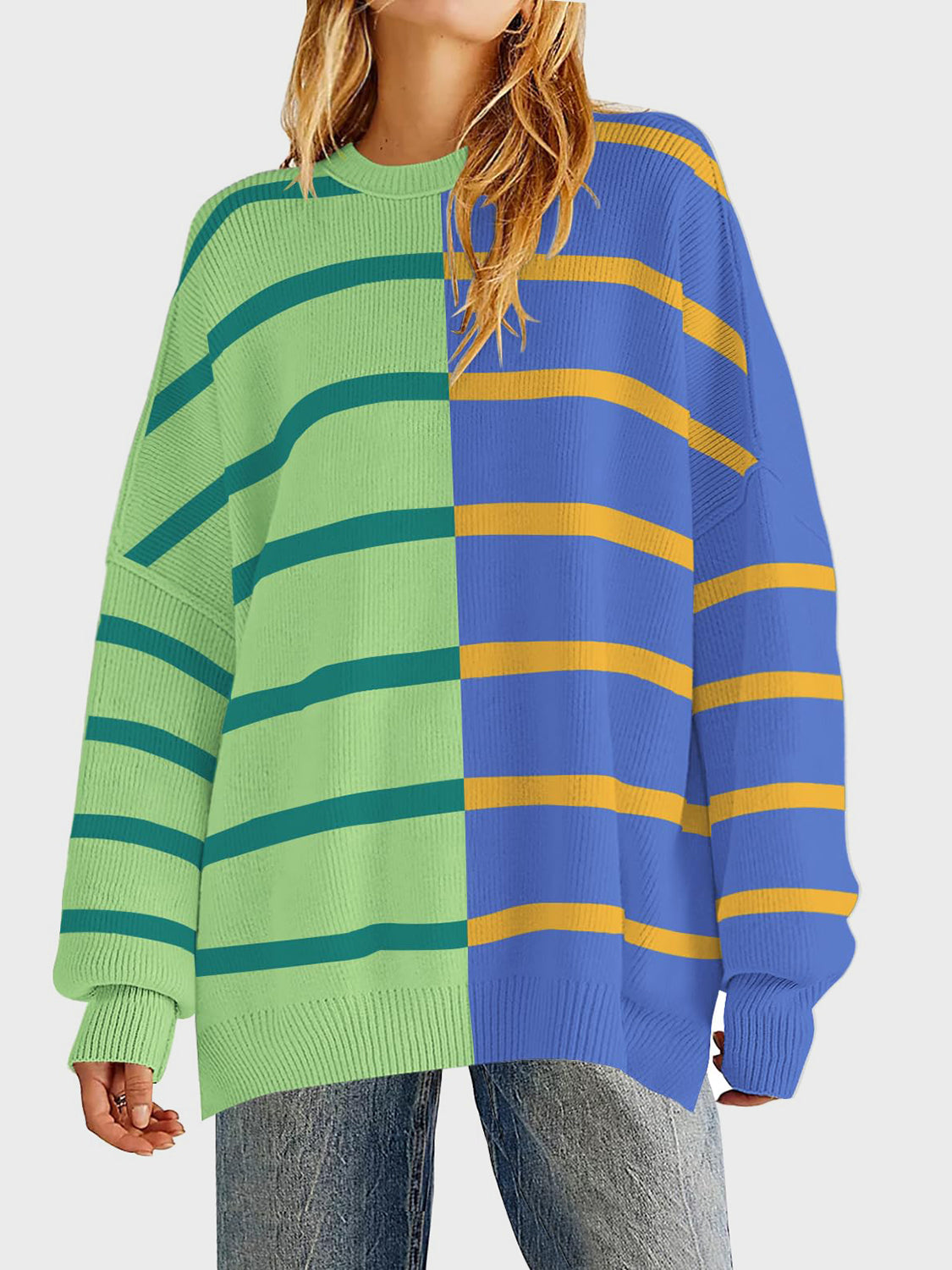 Striped Round Neck Long Sleeve Sweater - ClassiQ