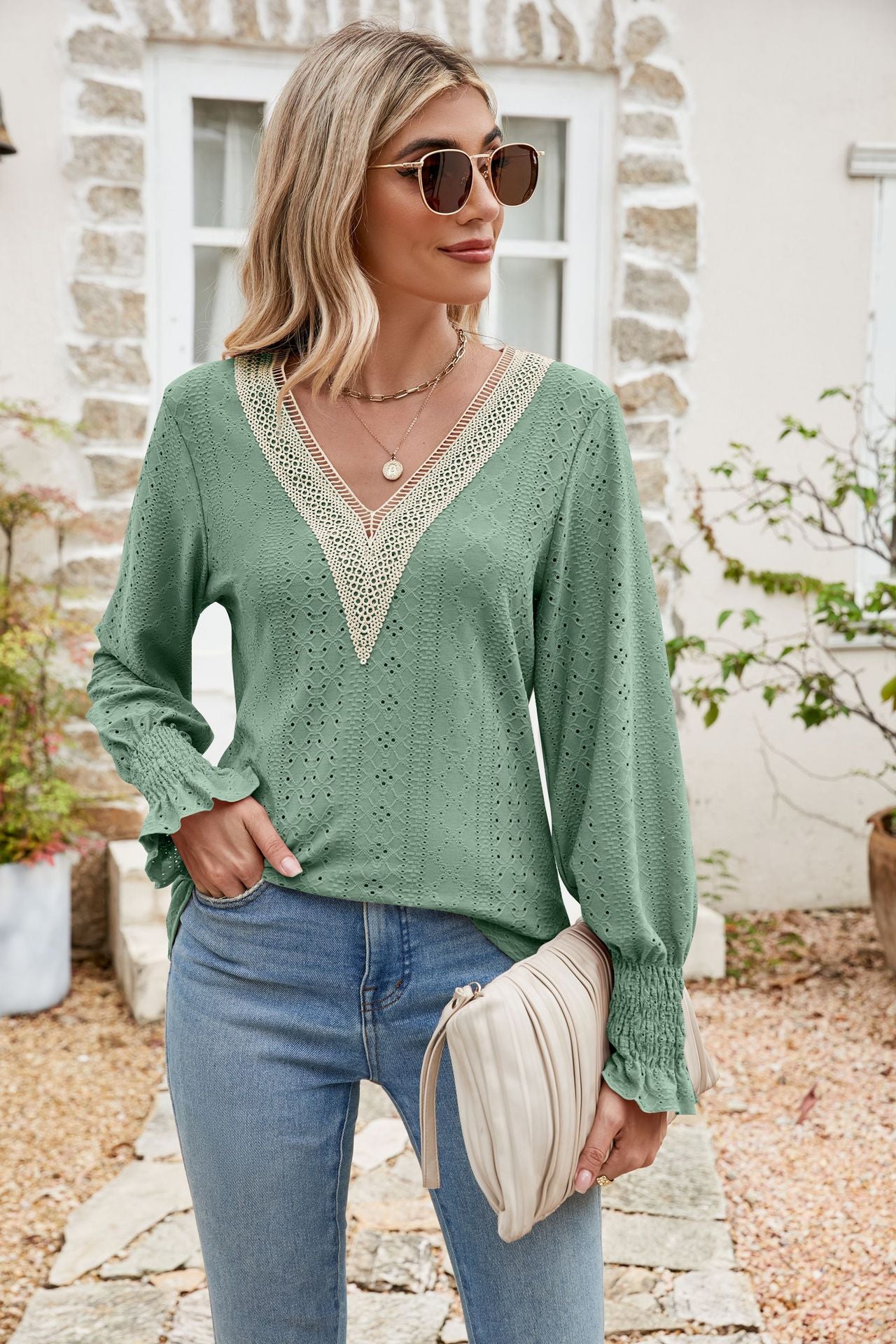 Eyelet V-Neck Smocked Flounce Sleeve Blouse - Classique Collection