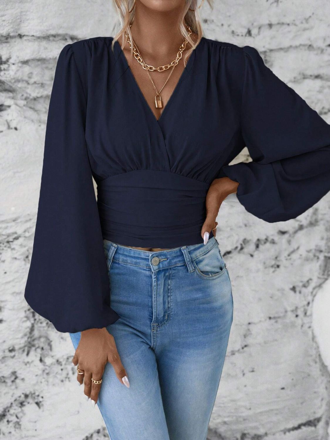Smocked Surplice Balloon Sleeve Top - Classique Collection