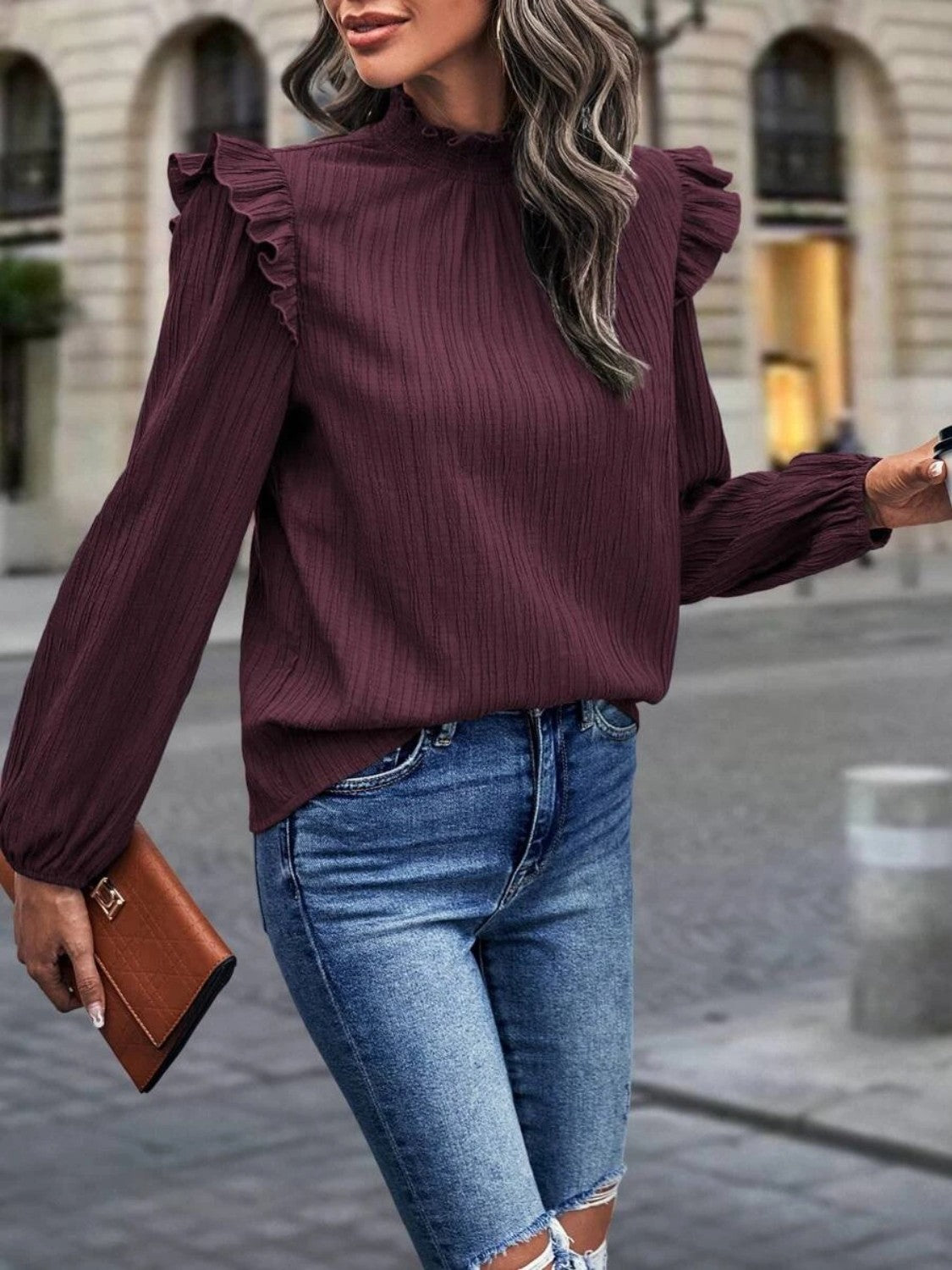 Mock Neck Ruffle Shoulder Blouse - Classique Collection
