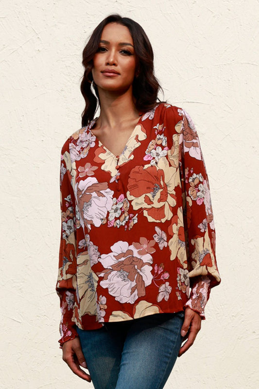 Floral V-Neck Smocked Lantern Sleeve Blouse - Classique Collection