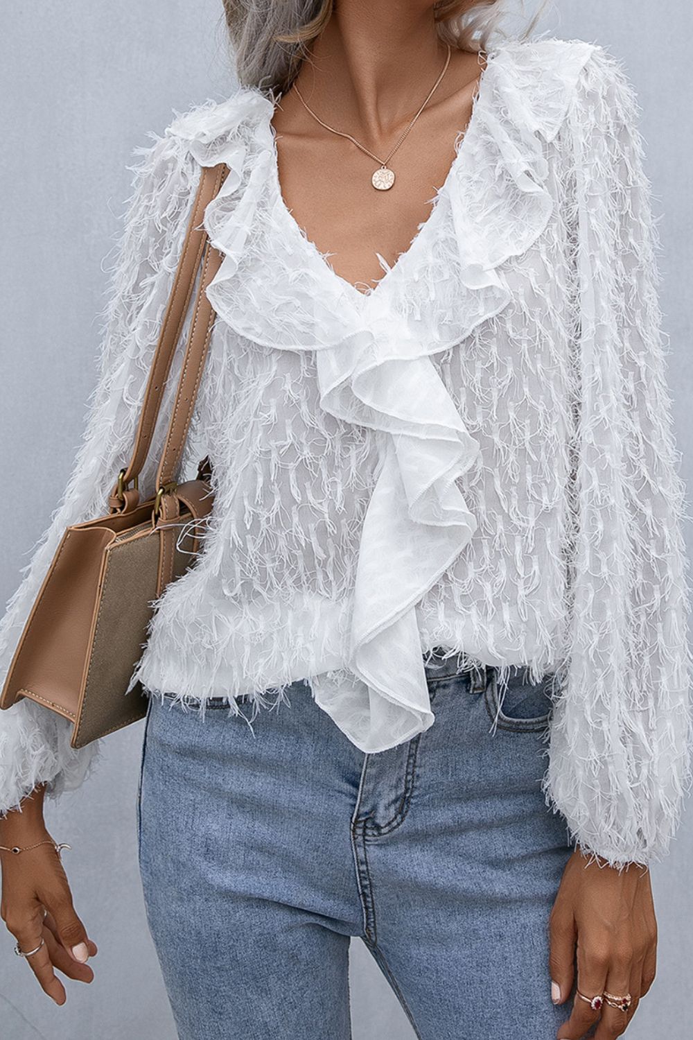 Ivy Lane Ruffle Hem Fringe V-Neck Balloon Sleeve Blouse - Classique Collection