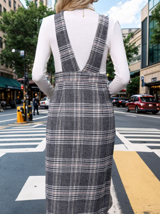 Perfee Pocketed Plaid Overall Dress - Classique Collection