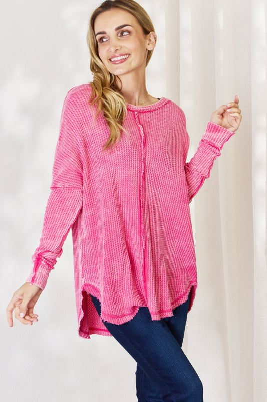 Zenana Oversized Washed Waffle Long Sleeve Top - Classique Collection