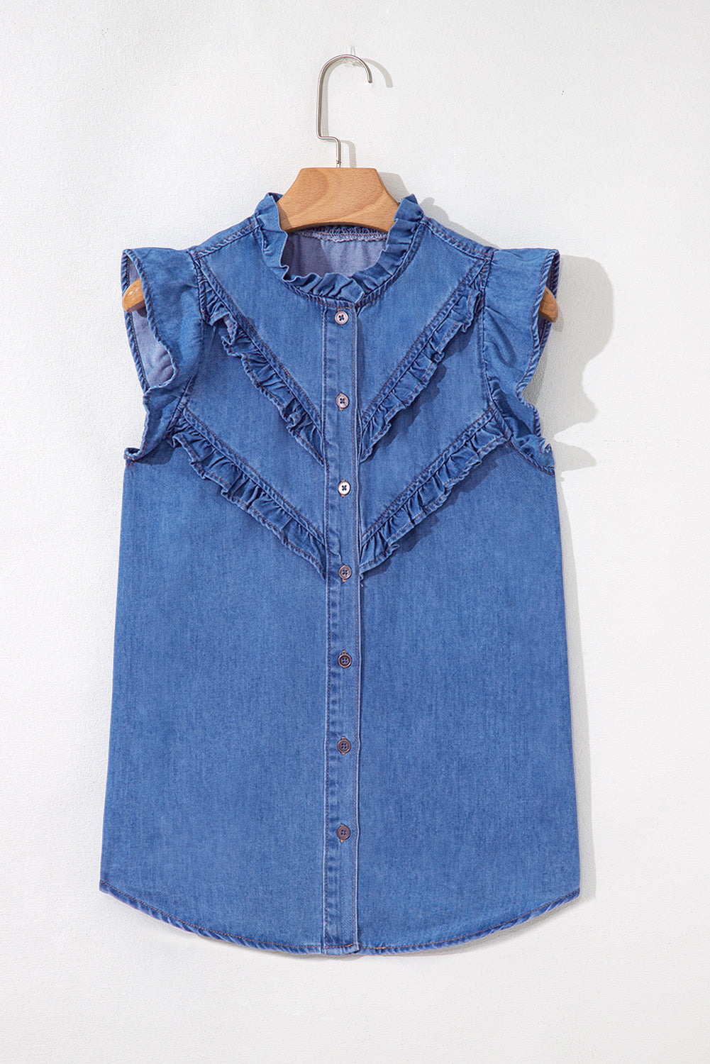 Sky Blue Mineral Wash Cap Sleeve Frilled Button Up Denim Shirt ClassiQ
