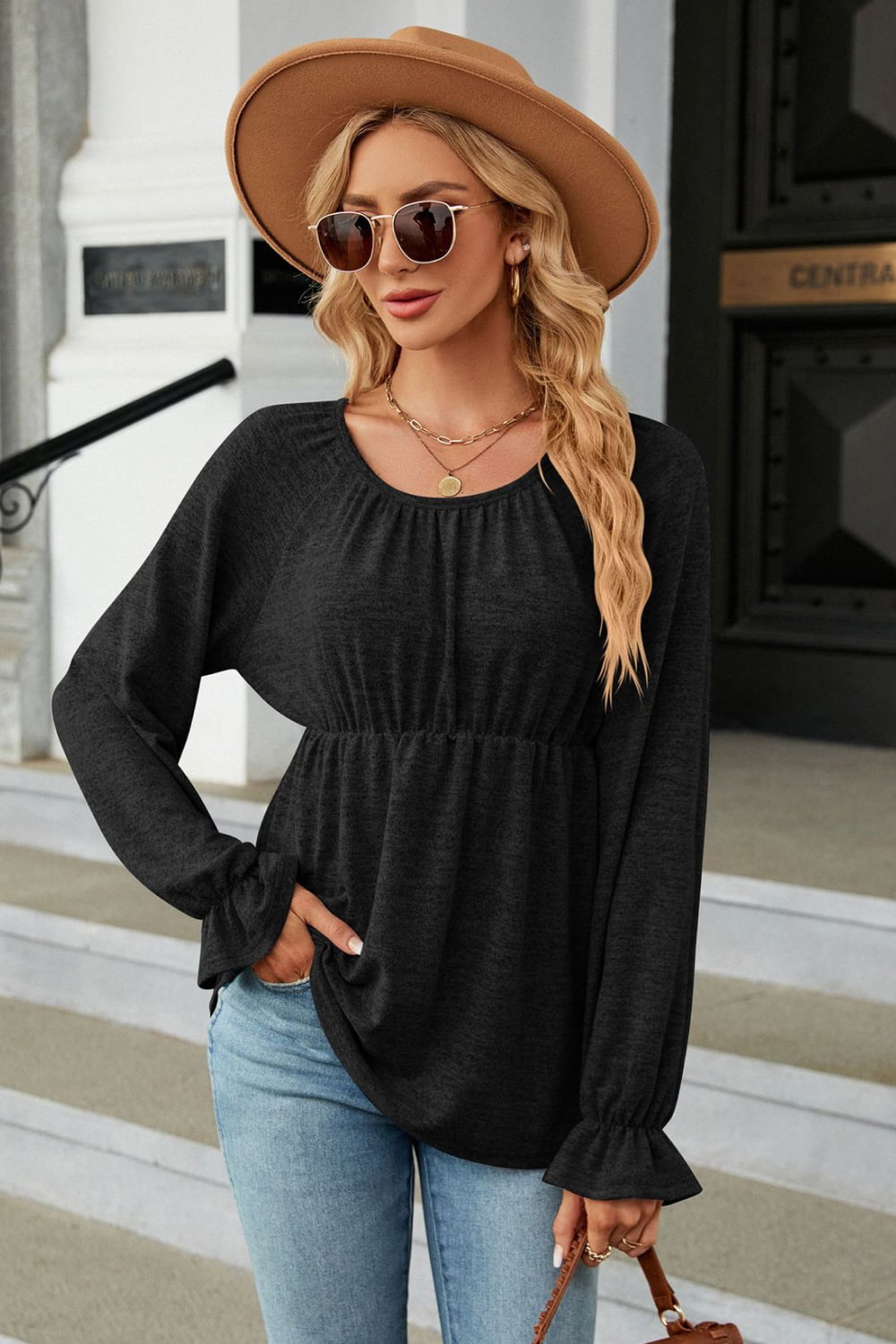 Round Neck Flounce Sleeve Blouse - Classique Collection