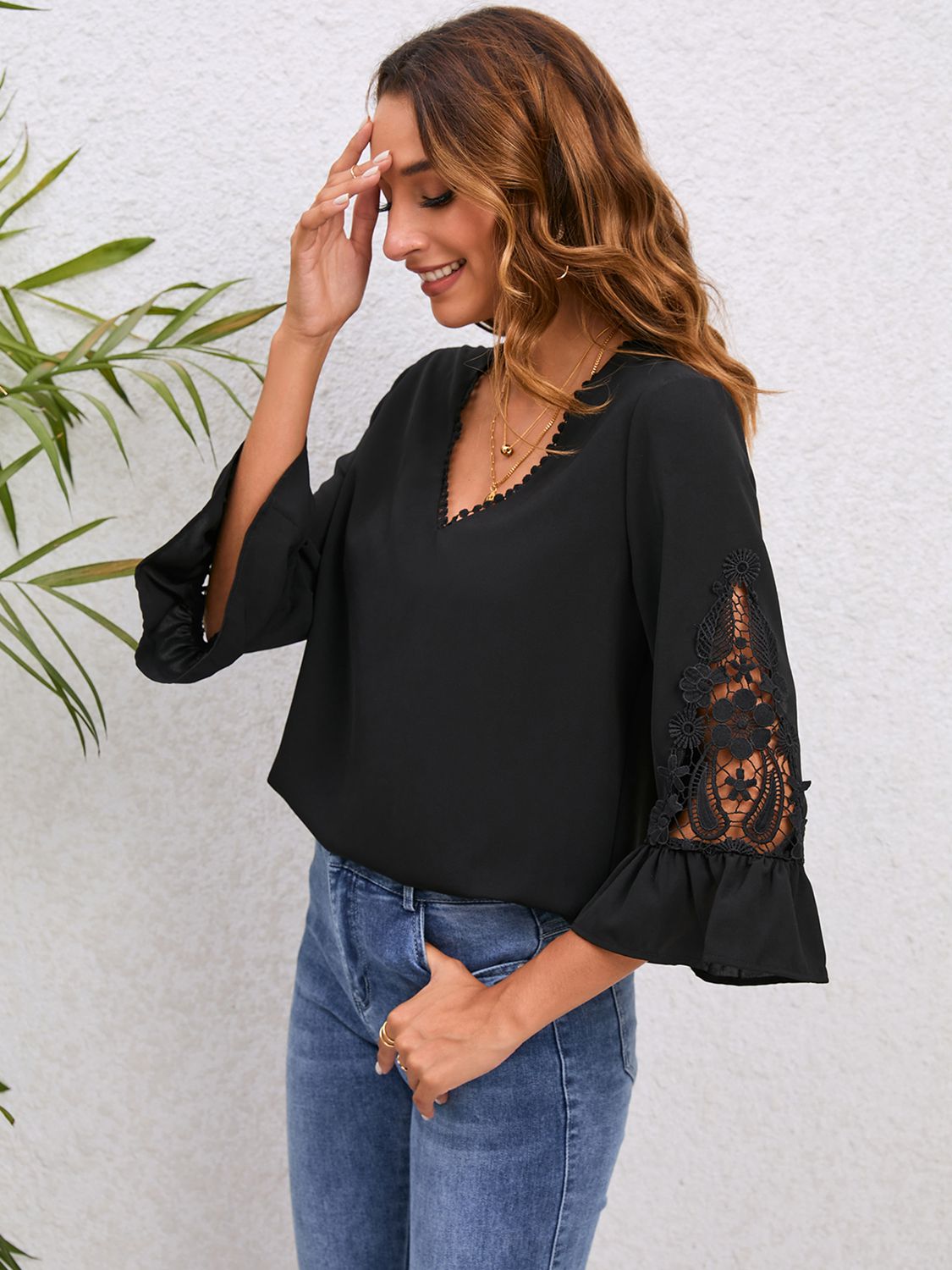 V-Neck Lace Detail Flounce Sleeve Blouse - Classique Collection