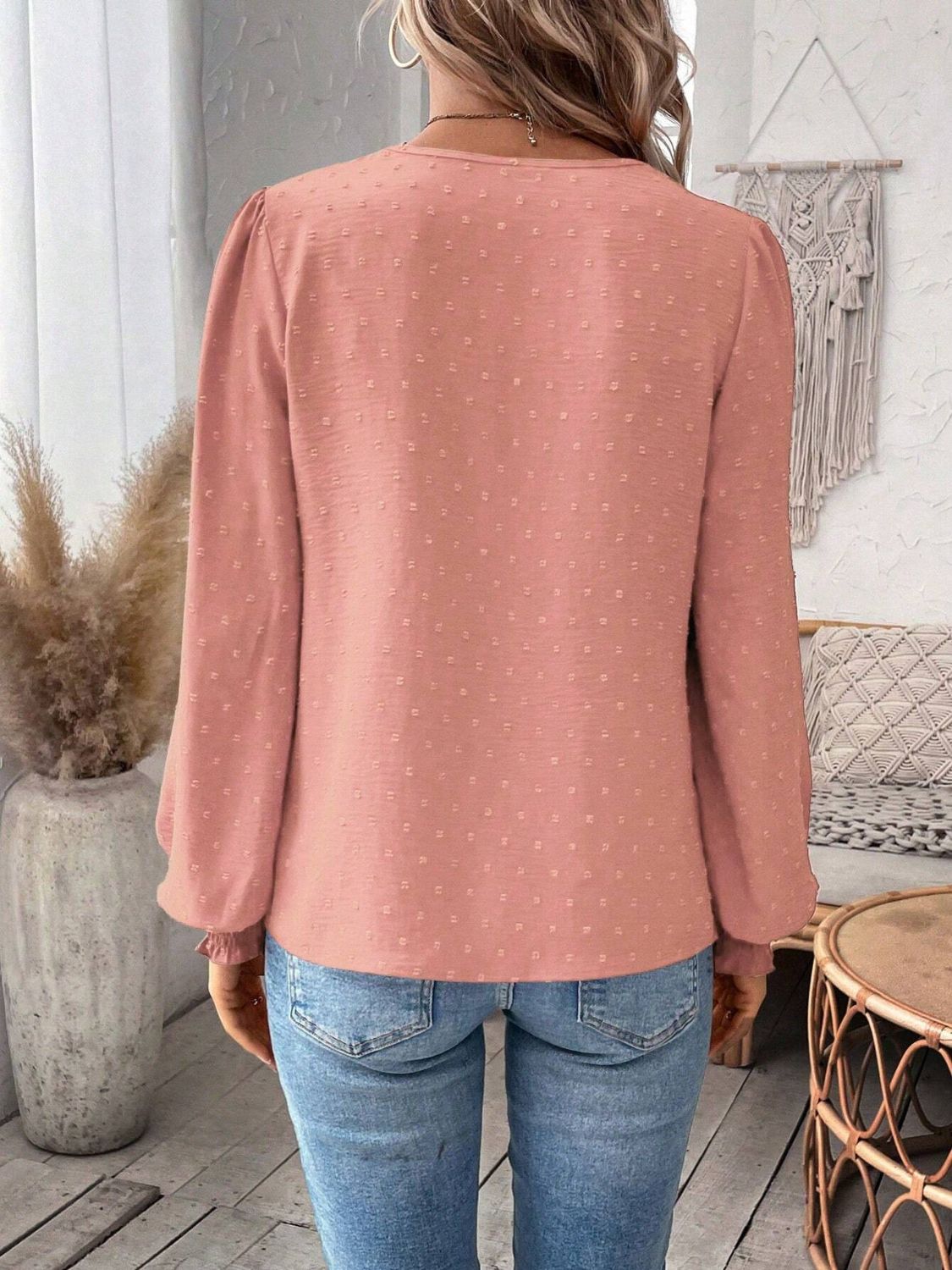 Swiss Dot Lace Detail Notched Long Sleeve Blouse - Classique Collection