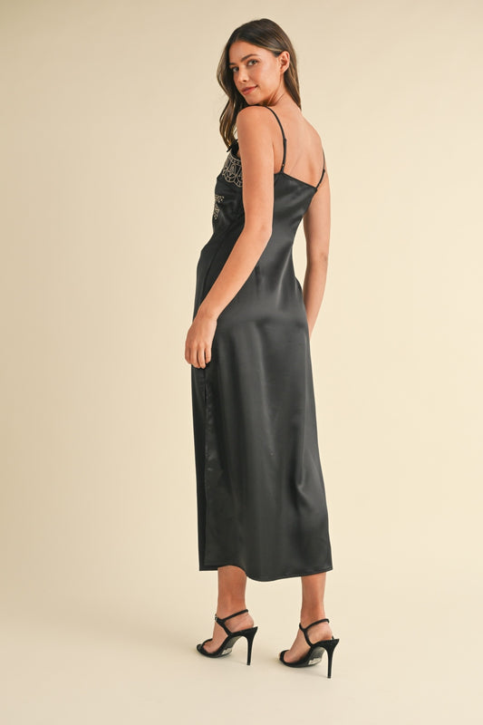 Mable Embroidered Cami Satin Midi Slit Dress - Classique Collection