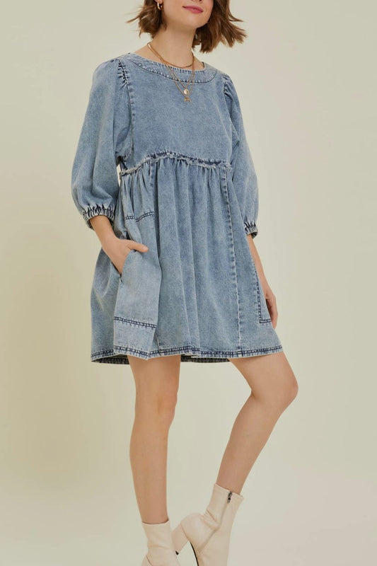Cutout Round Neck Balloon Sleeve Denim Dress - Classique Collection