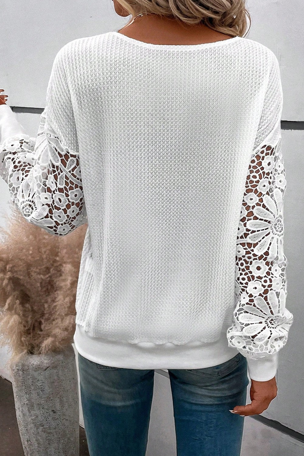 Plus Size Waffle-Knit Crochet V-Neck Blouse - Classique Collection