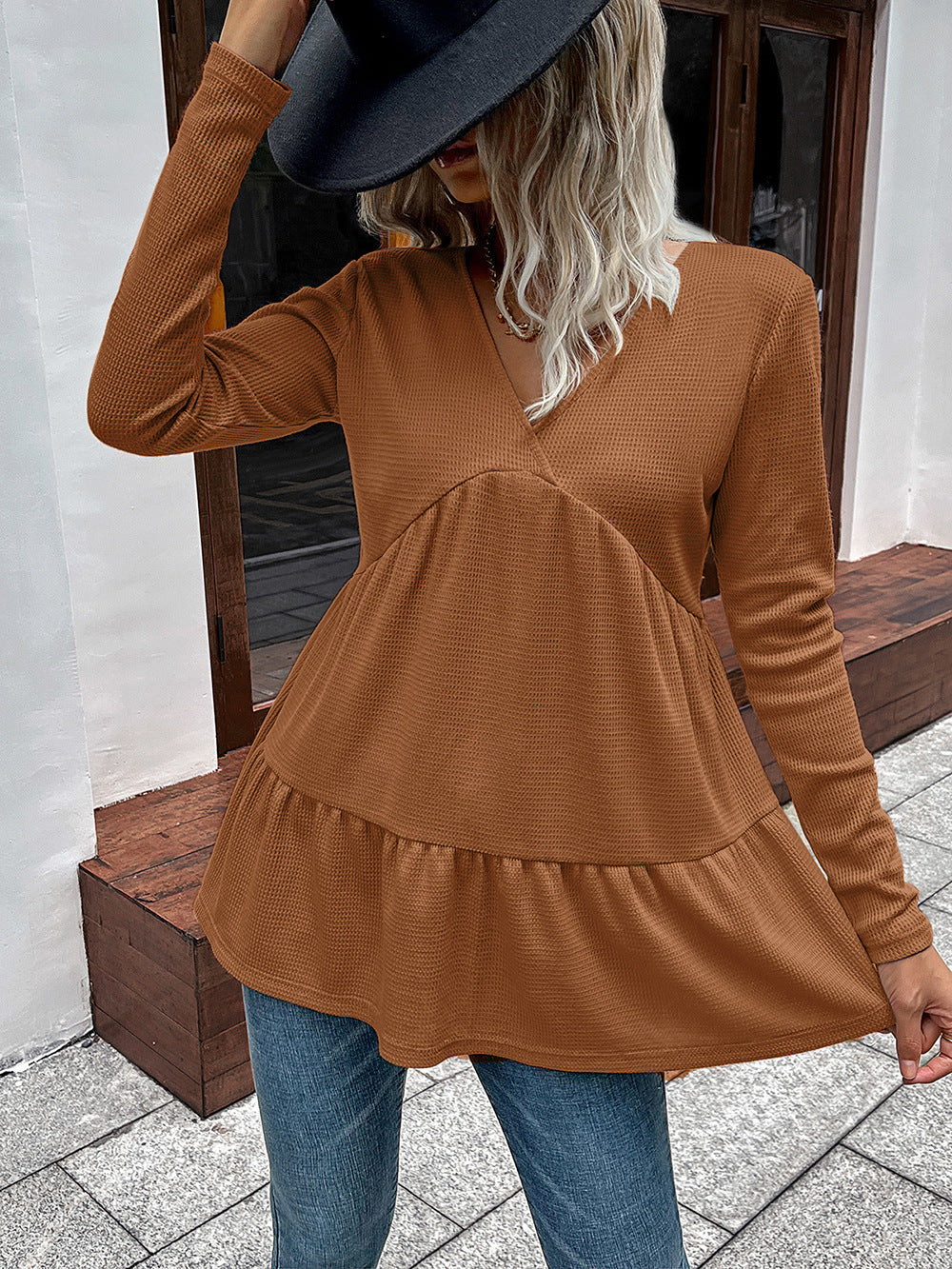 Ivy Lane Waffle-Knit V-Neck Long Sleeve Blouse - Classique Collection
