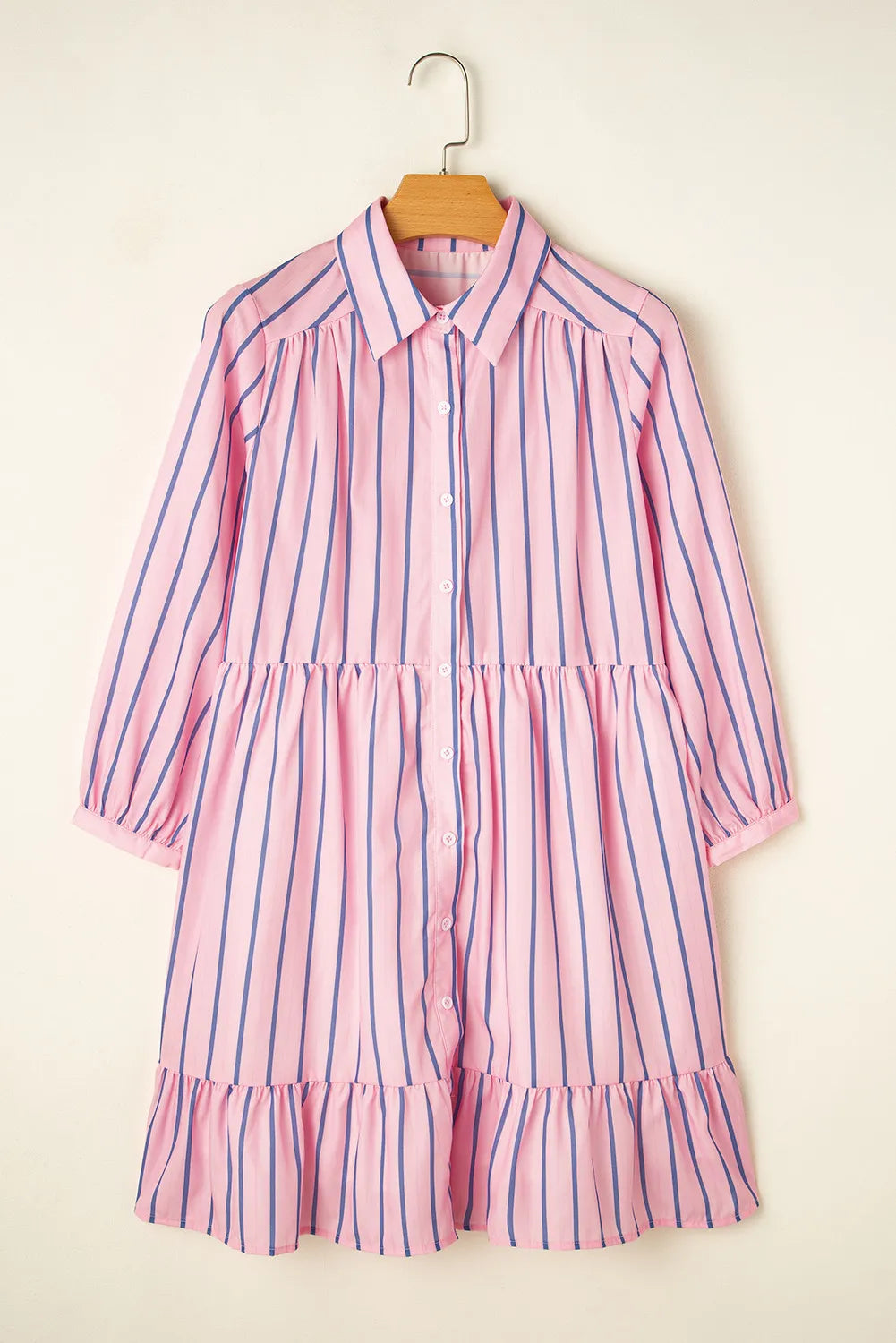 Striped Collared Neck Long Sleeve Mini Shirt Dress - Classique Collection