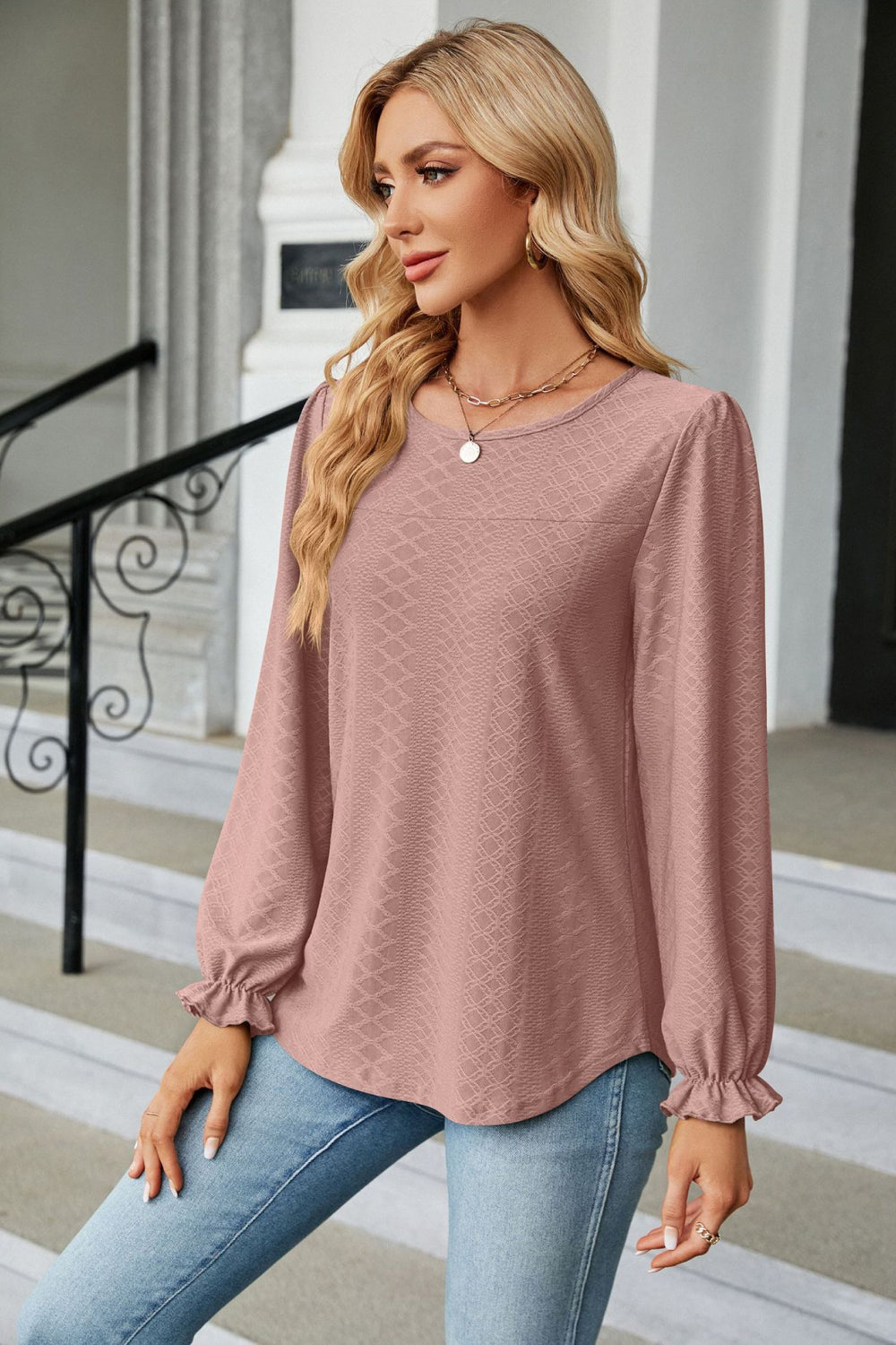 Round Neck Flounce Sleeve Blouse - Classique Collection