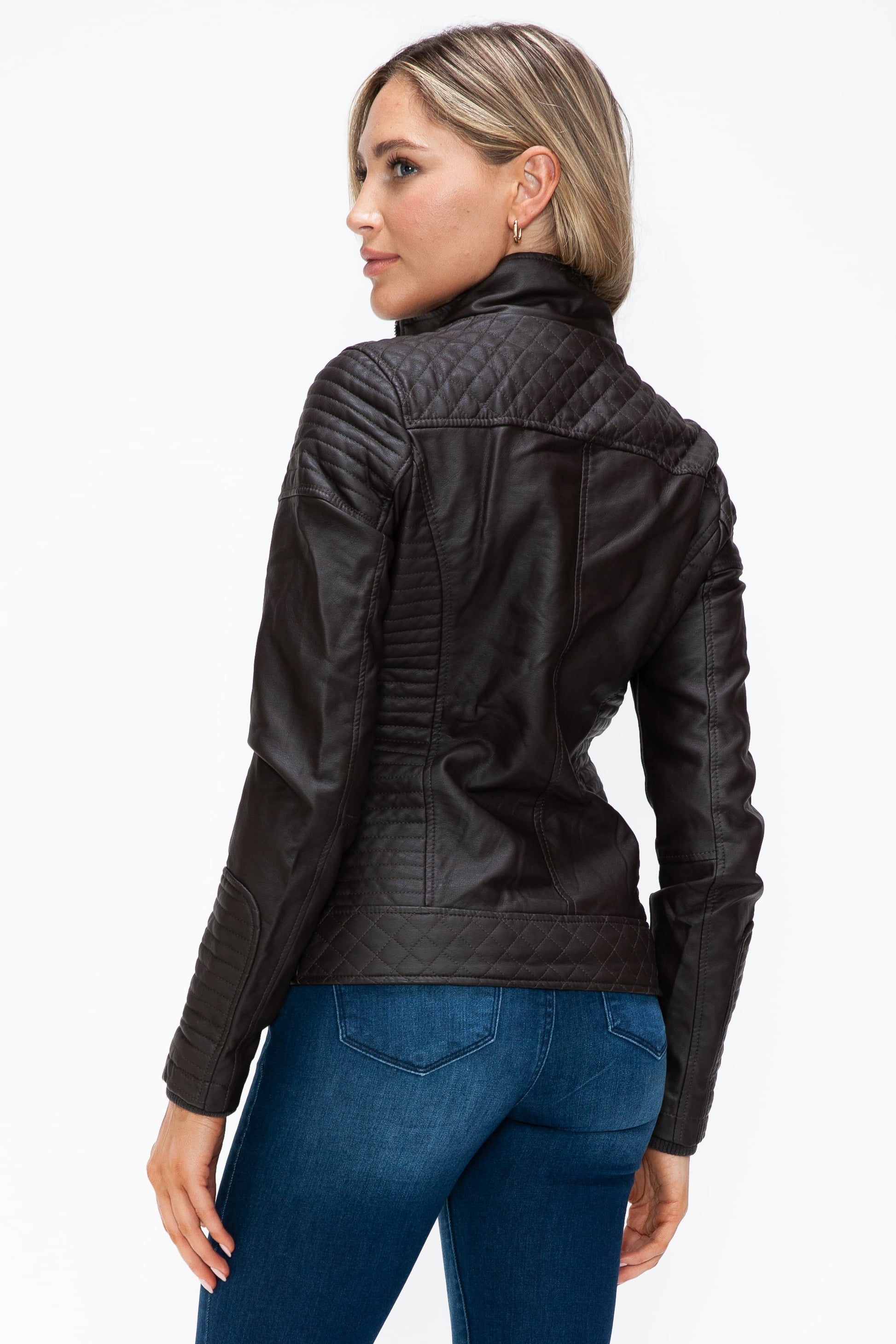 YMI Faux Layered Double-Zipper Jacket with Fuzzy Hood - ClassiQ