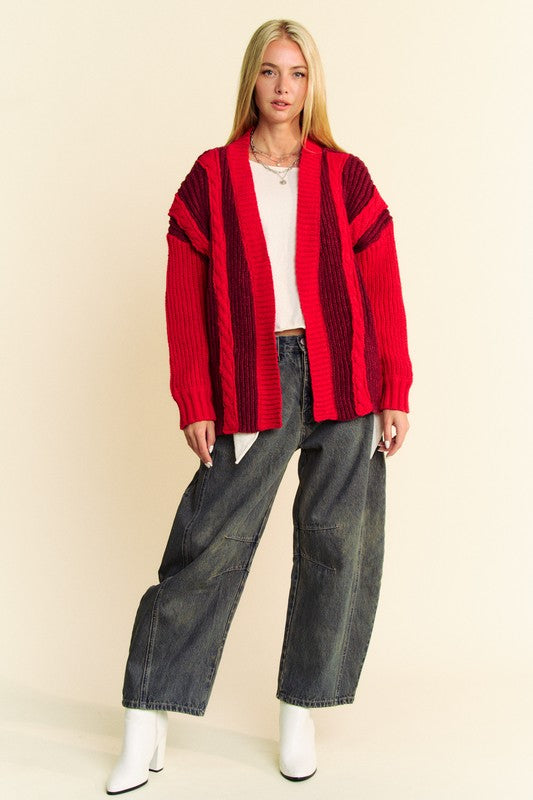 Davi & Dani Cable-Knit Color Block Open Front Cardigan - ClassiQ