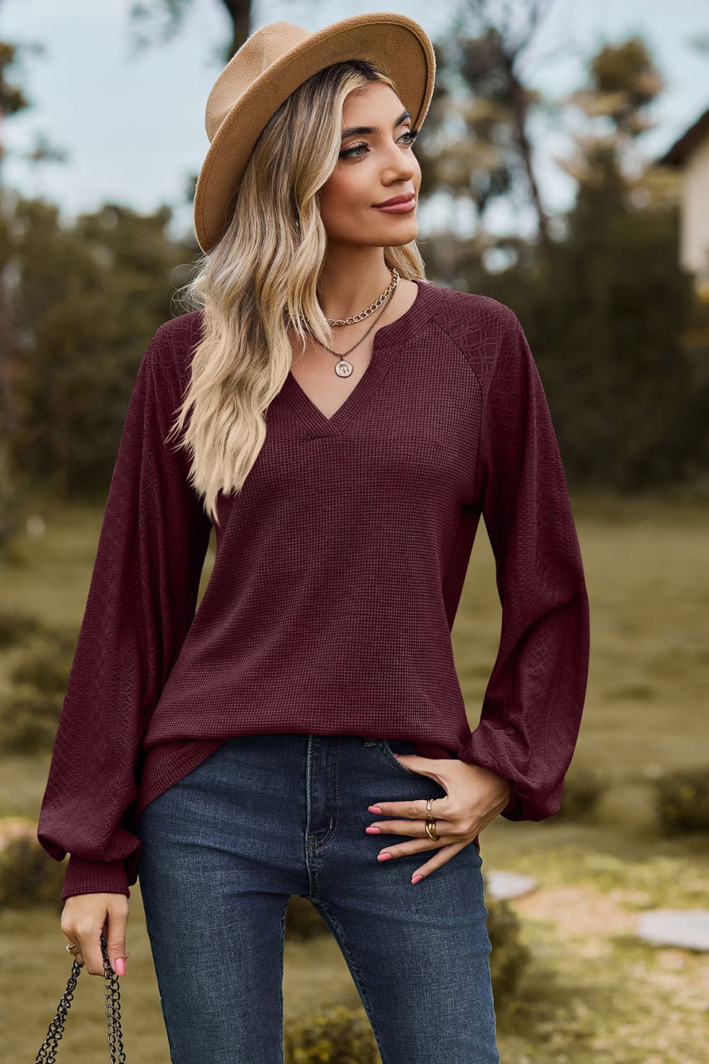 Notched Neck Raglan Sleeve Blouse - Classique Collection