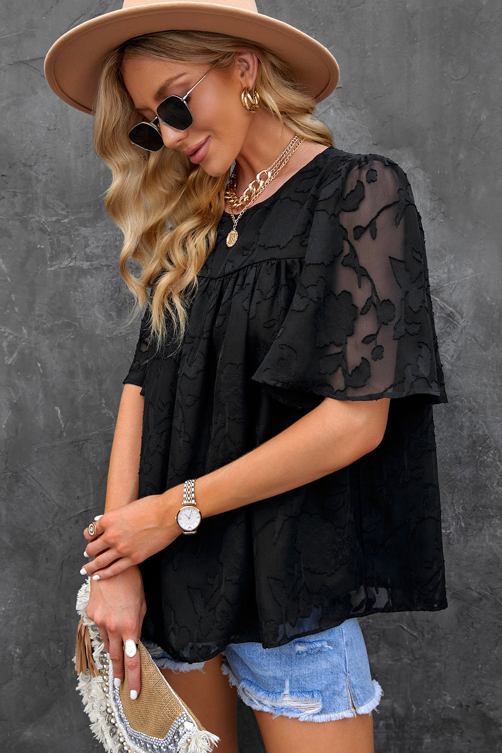 Round Neck Puff Sleeve Blouse - Classique Collection