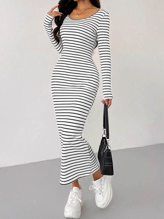 Striped Scoop Neck Long Sleeve Midi Tee Dress - Classique Collection