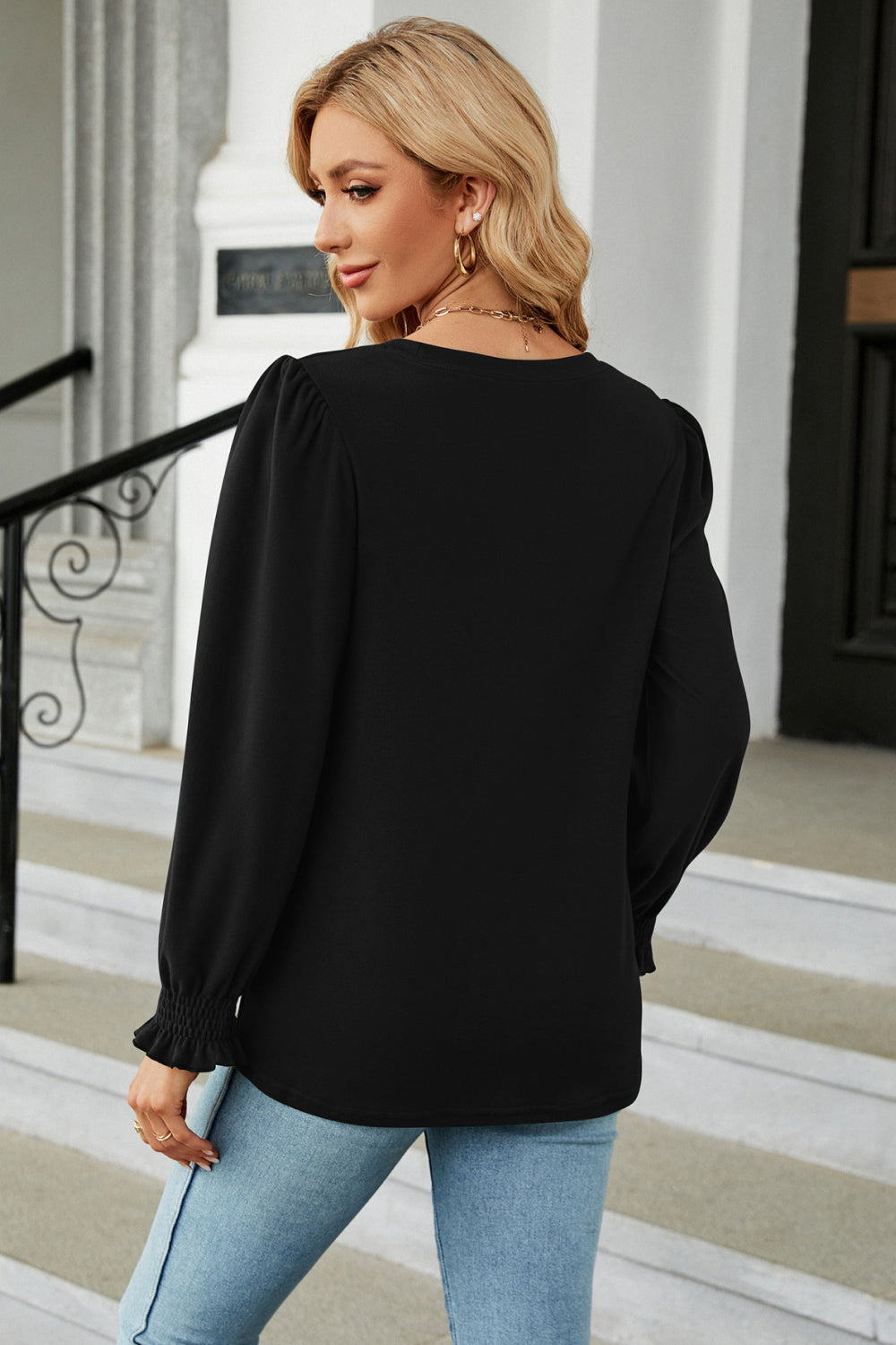 Round Neck Smocked Flounce Sleeve Blouse - Classique Collection