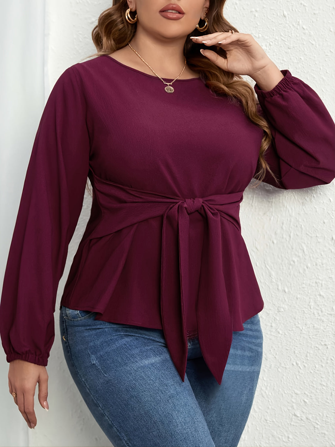 Plus Size Tie Front Long Sleeve Blouse - ClassiQ