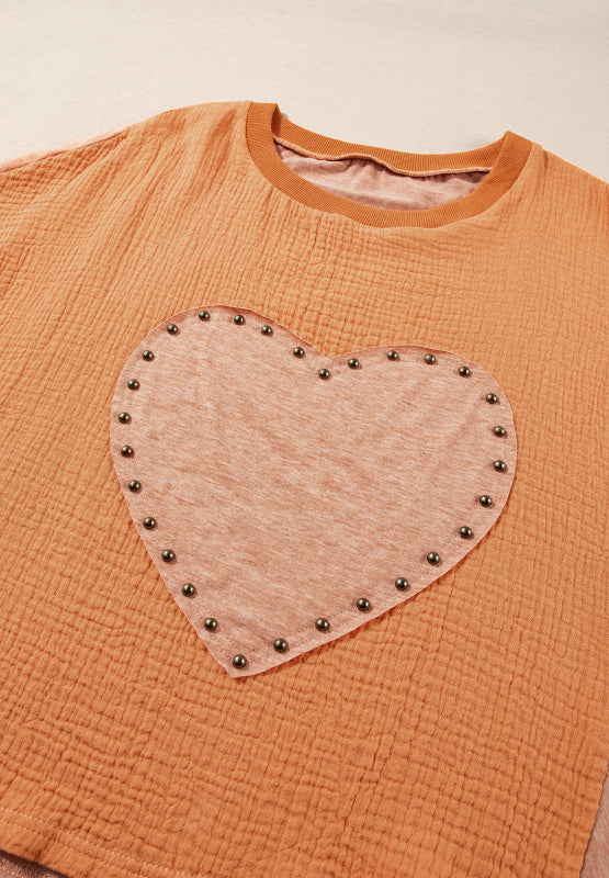 Stud Heart Patch Round Neck Short Sleeve T-Shirt - Classique Collection