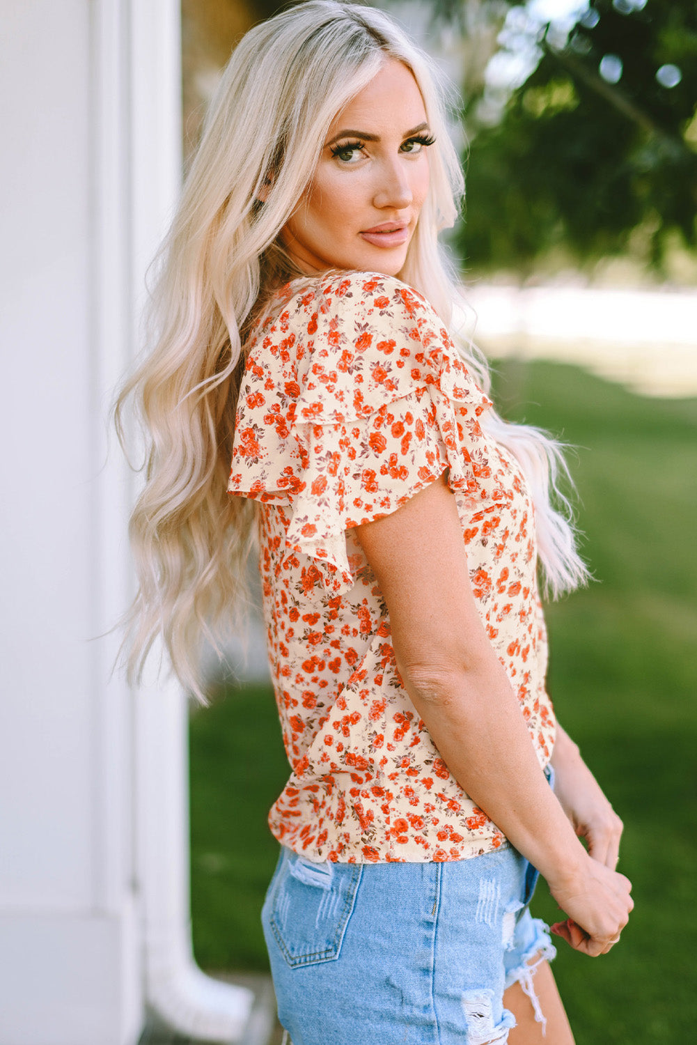 Floral Round Neck Flutter Sleeve Blouse - ClassiQ