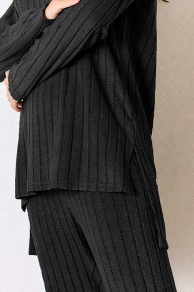 Basic Bae Full Size Ribbed Round Neck High - Low Slit Top and Pants Set