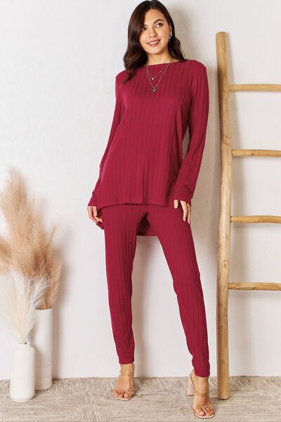 Basic Bae Full Size Ribbed Round Neck High - Low Slit Top and Pants Set