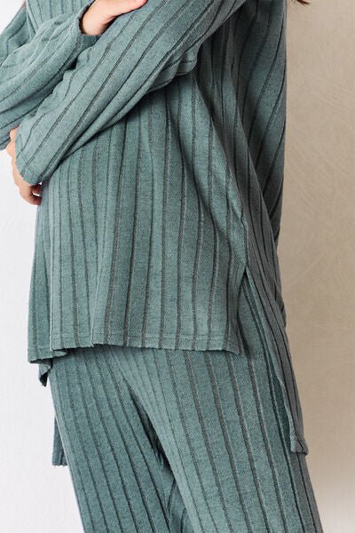 Basic Bae Full Size Ribbed Round Neck High - Low Slit Top and Pants Set