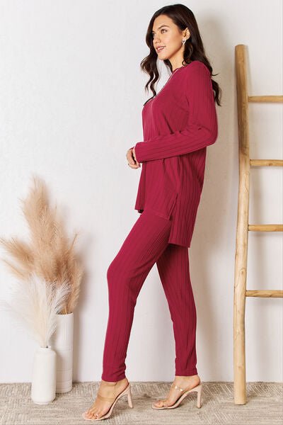 Basic Bae Full Size Ribbed Round Neck High - Low Slit Top and Pants Set