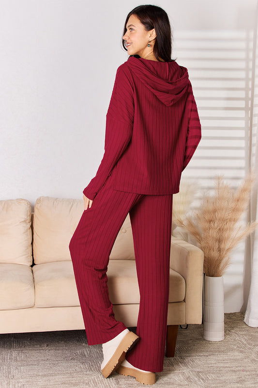 Basic Bae Full Size Ribbed Drawstring Hooded Top and Straight Pants Set - ClassiQ