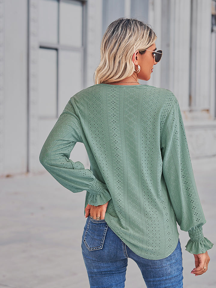 V-Neck Eyelet Flounce Sleeve Blouse - Classique Collection
