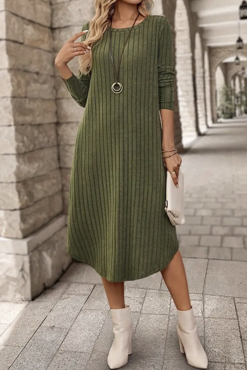 Ribbed Curved Hem Round Neck Long Sleeve Dress - Classique Collection
