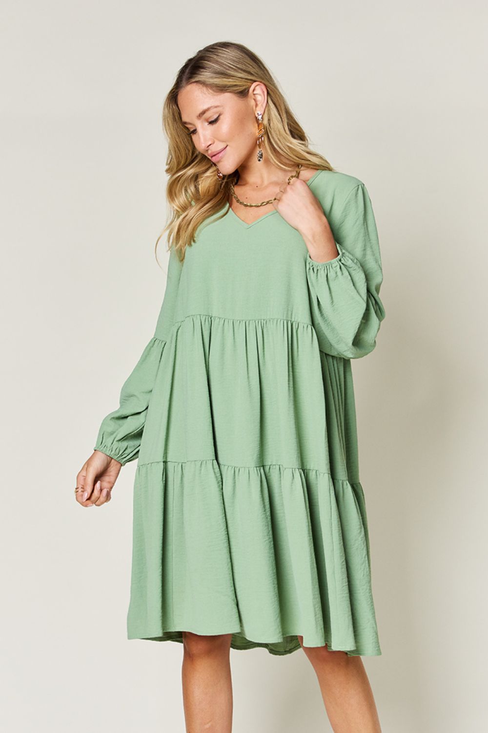 Double Take Full Size V-Neck Balloon Sleeve Tiered Dress with Pockets - Classique Collection