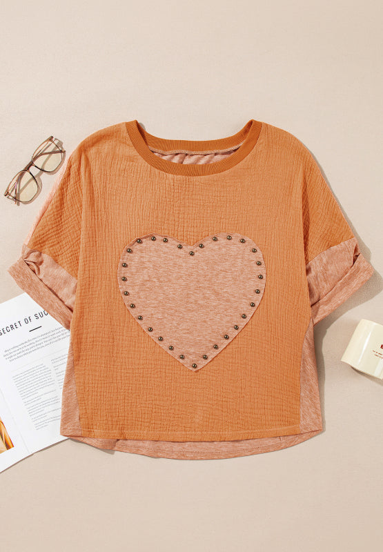 Stud Heart Patch Round Neck Short Sleeve T-Shirt - Classique Collection