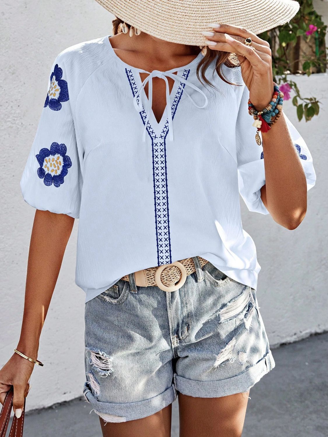 Embroidered Tie Neck Puff Sleeve Blouse - Classique Collection