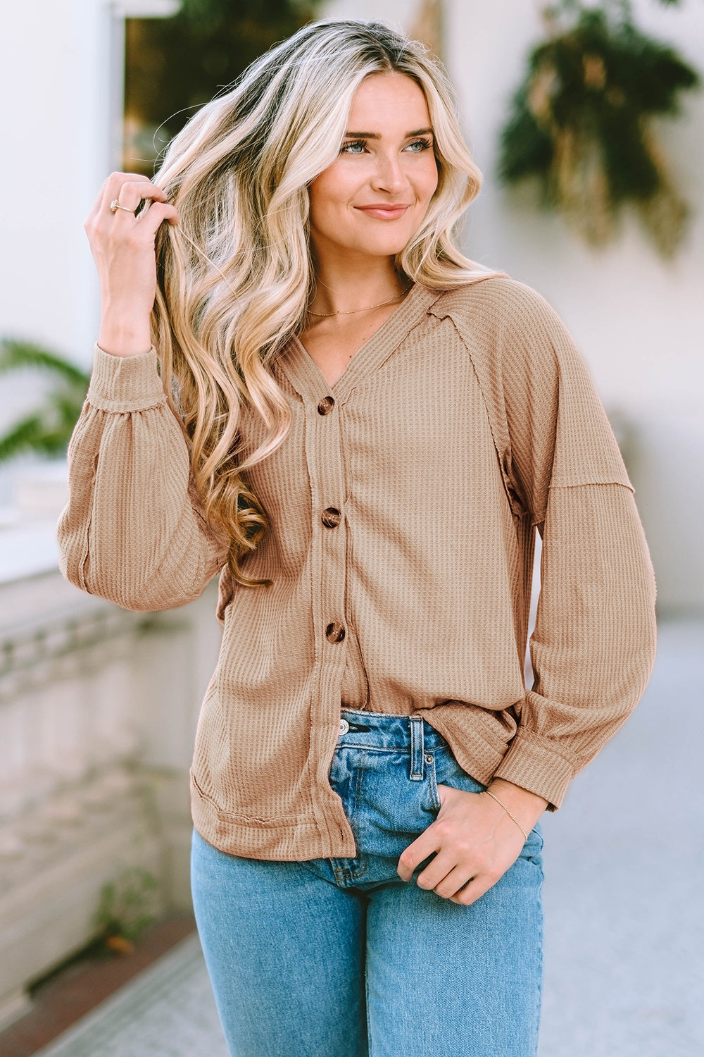 Button Down V-Neck Waffle Knit Shirt - Classique Collection