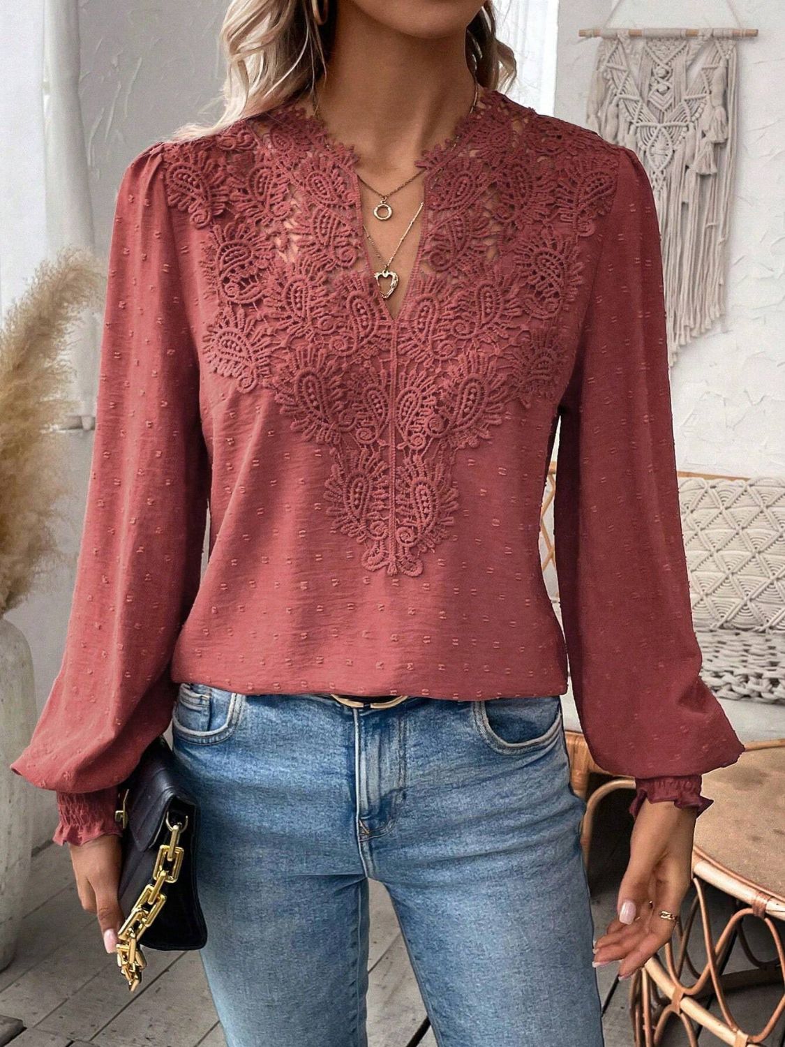 Swiss Dot Lace Detail Notched Long Sleeve Blouse - Classique Collection