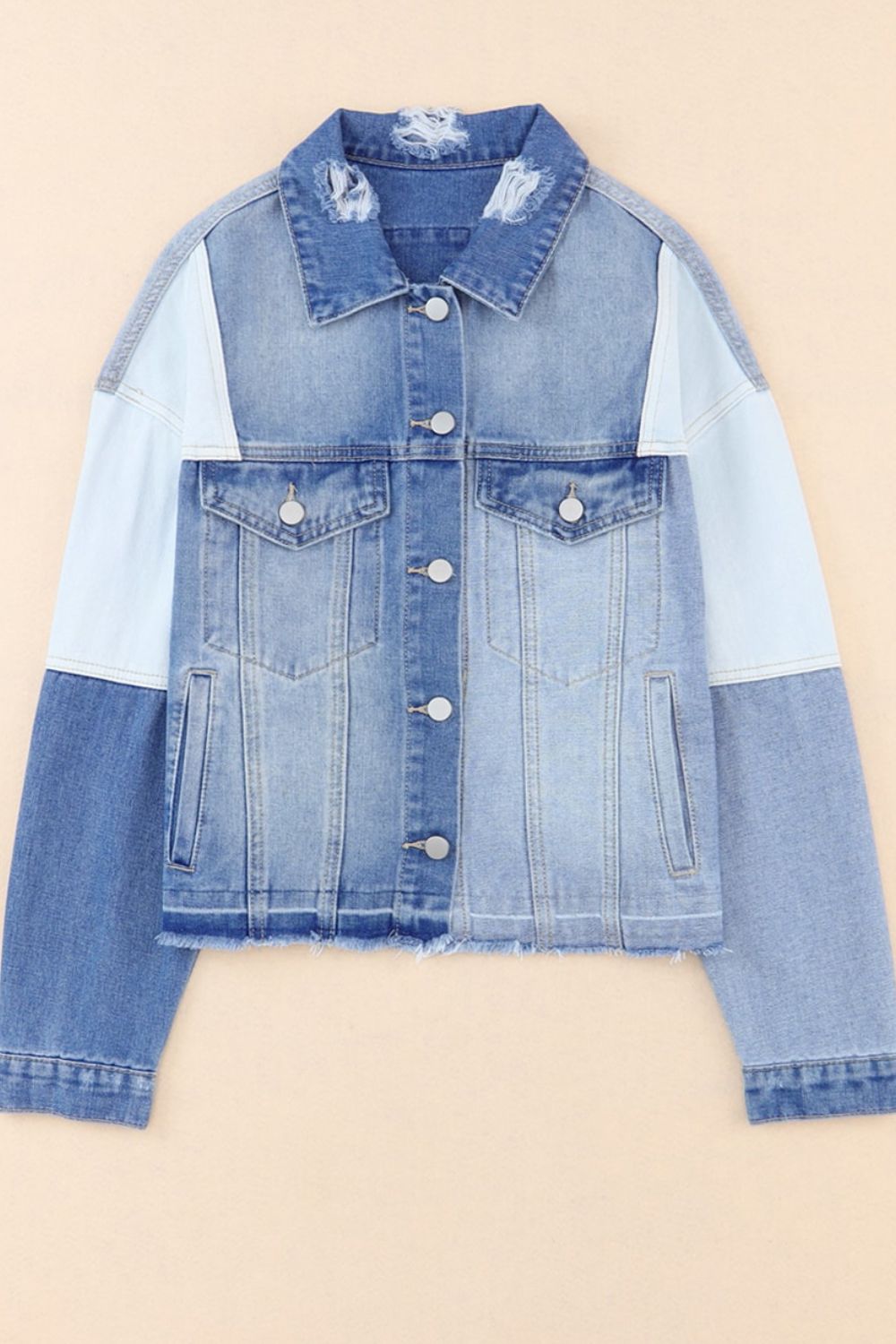 Distressed Button Up Drop Shoulder Denim Jacket - Classique Collection