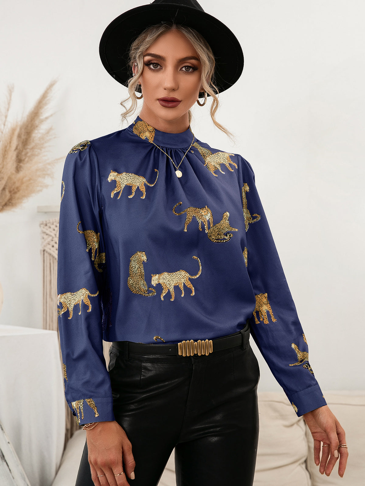 Ivy Lane Leopard Graphic Mock Neck Puff Sleeve Blouse - Classique Collection