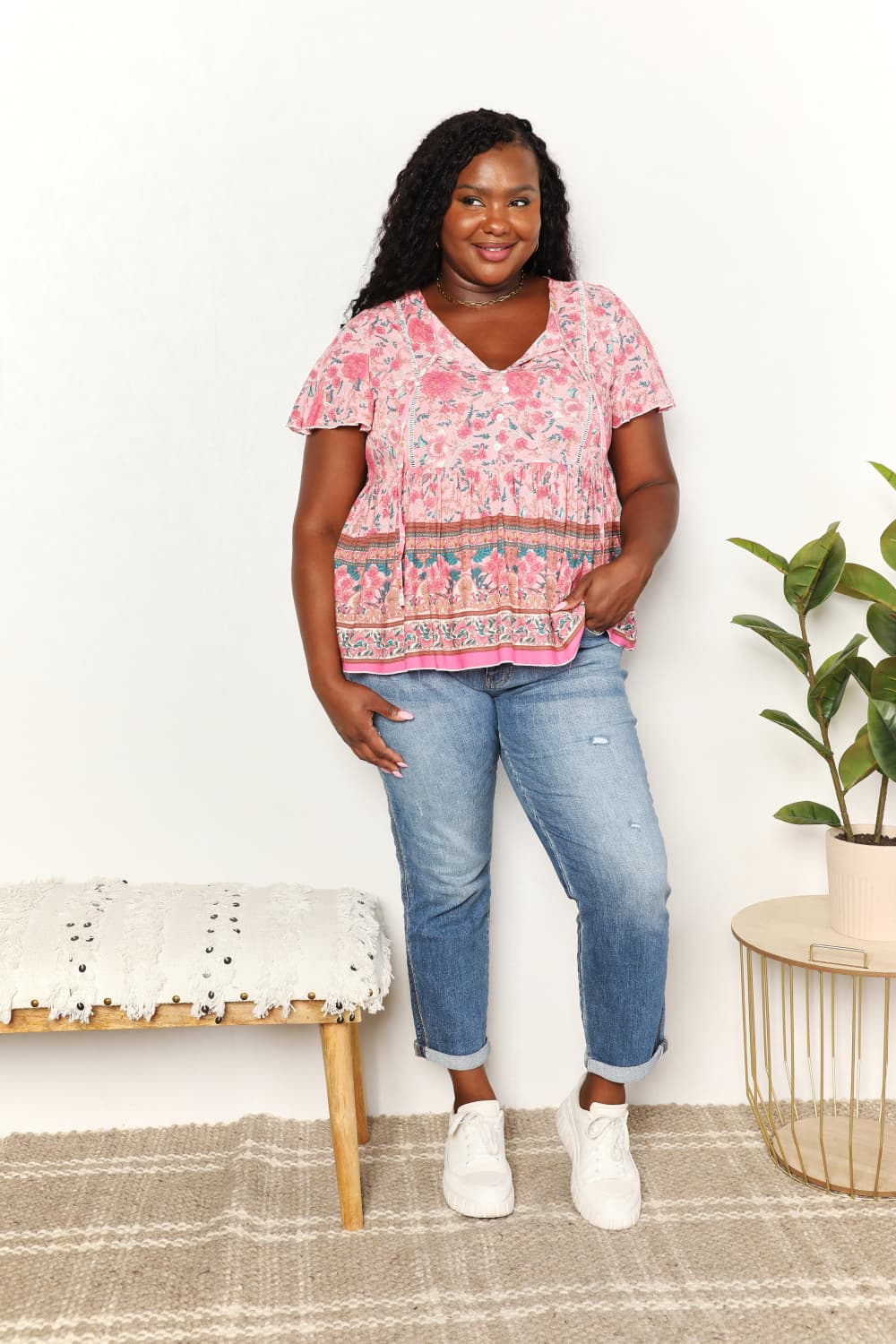 Perfee Bohemian Decorative Button Tie-Neck Peplum Blouse - Classique Collection