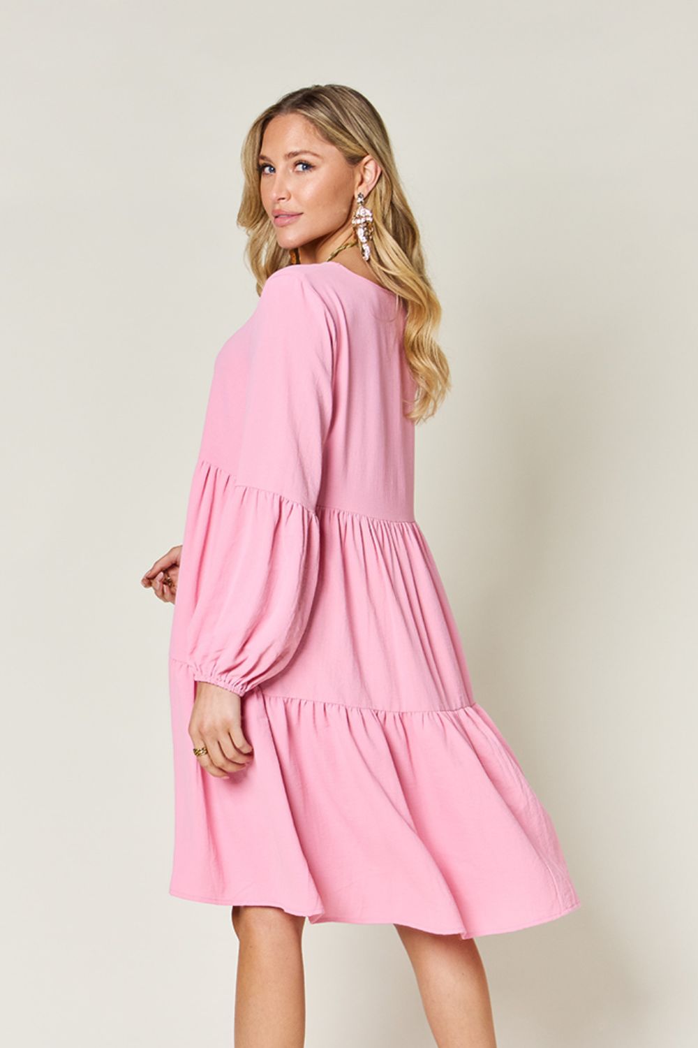 Double Take Full Size V-Neck Balloon Sleeve Tiered Dress with Pockets - Classique Collection