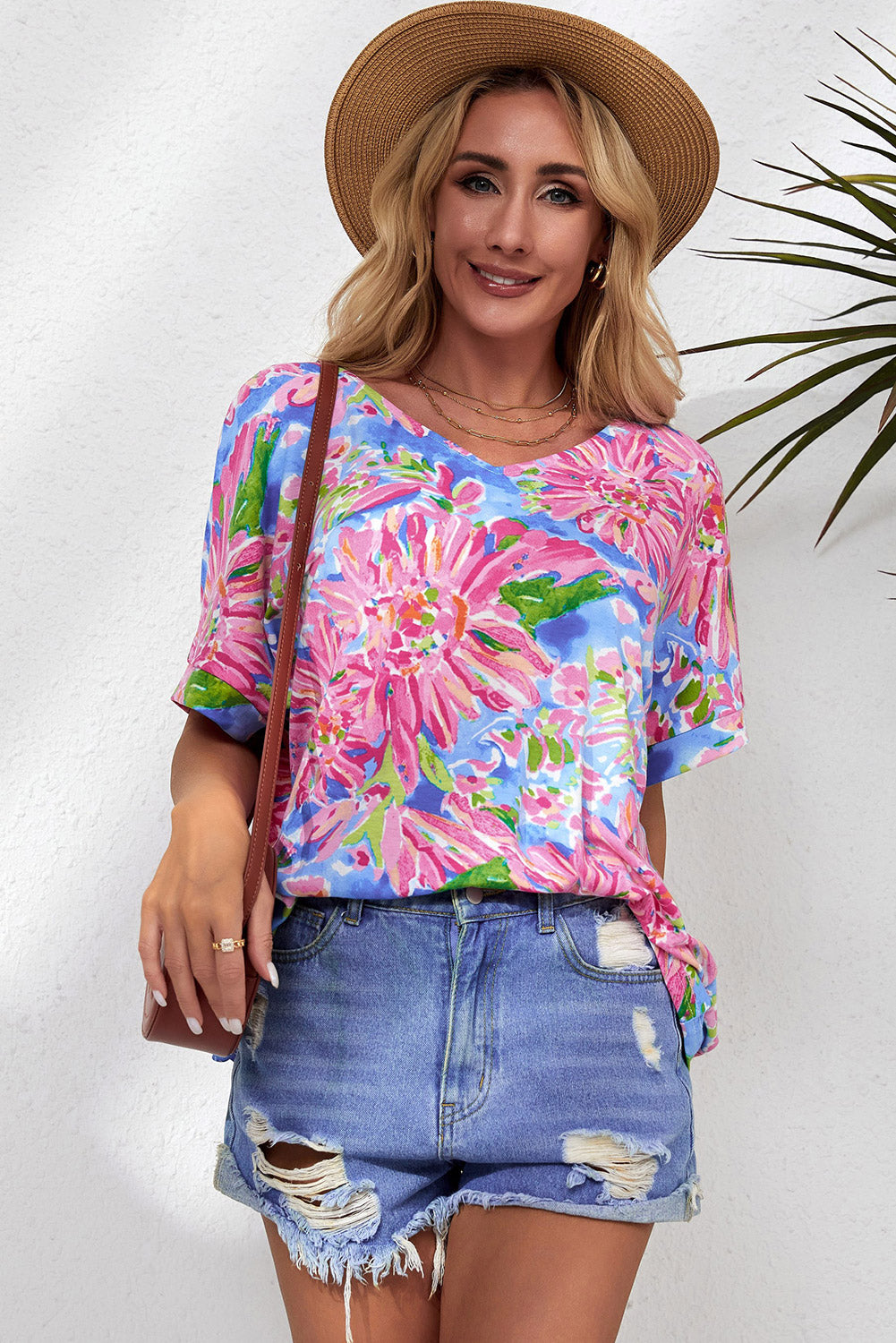 Floral V-Neck Short Sleeve Blouse - Classique Collection
