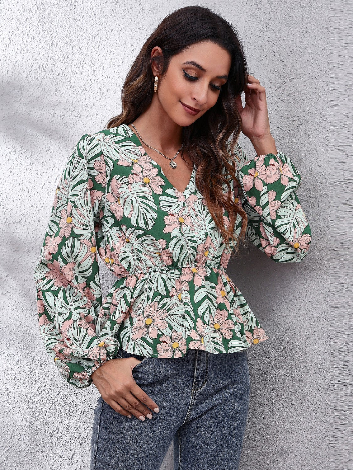 Floral V-Neck Balloon Sleeve Peplum Blouse - Classique Collection