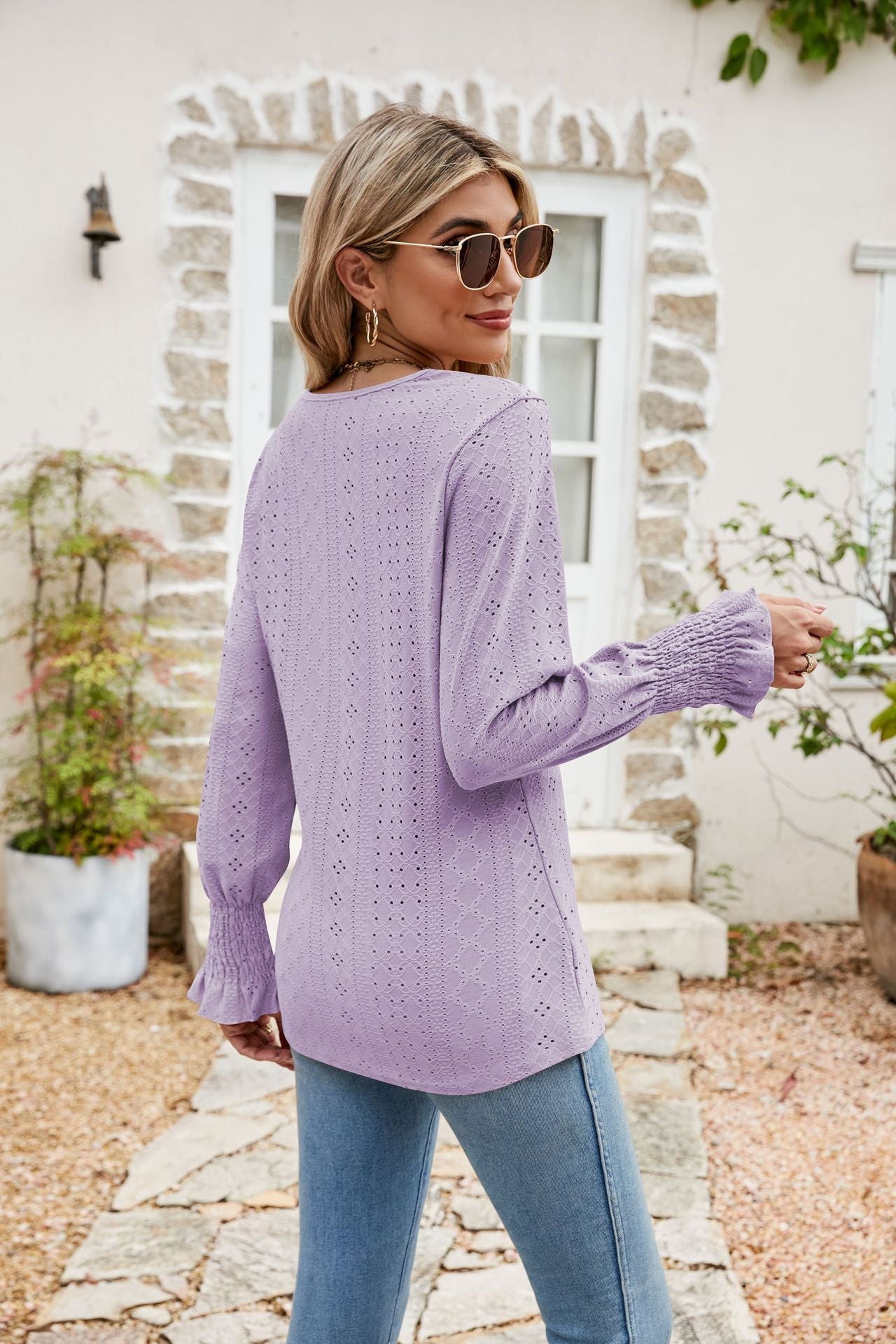 Eyelet V-Neck Smocked Flounce Sleeve Blouse - Classique Collection