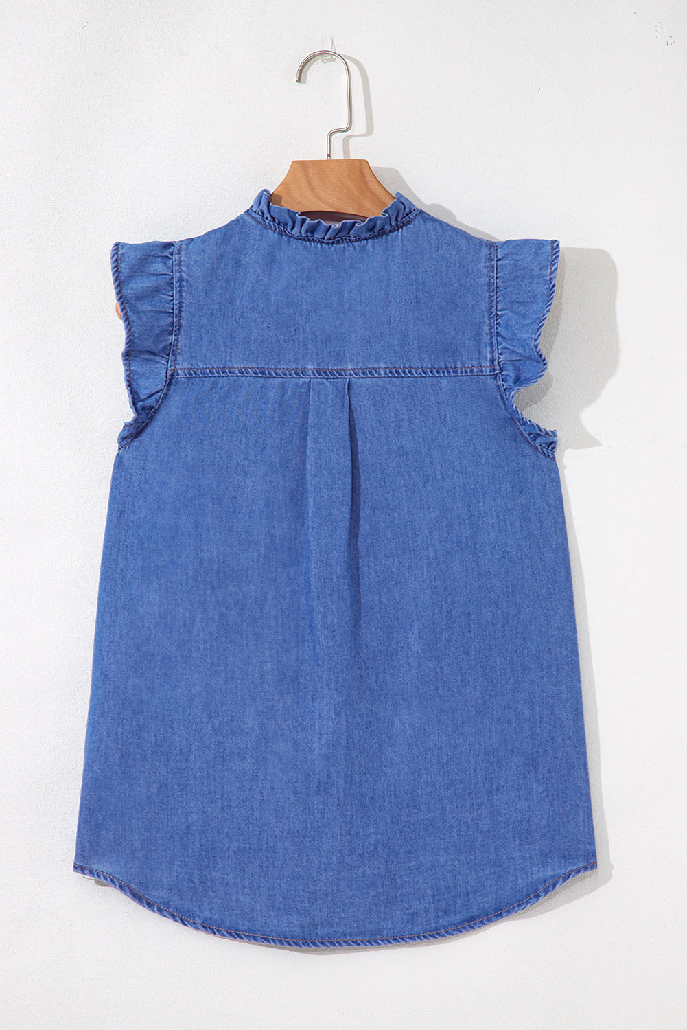 Sky Blue Mineral Wash Cap Sleeve Frilled Button Up Denim Shirt ClassiQ